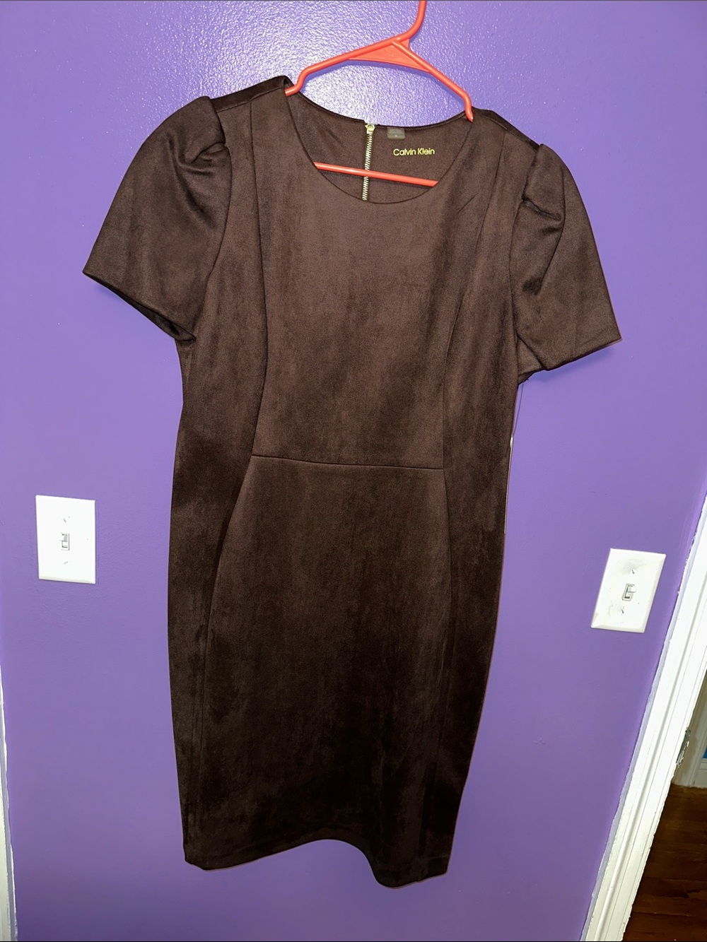 Calvin Klein Dark Brown Short Sleeve Midi Sheath Dress soft suede like polyester